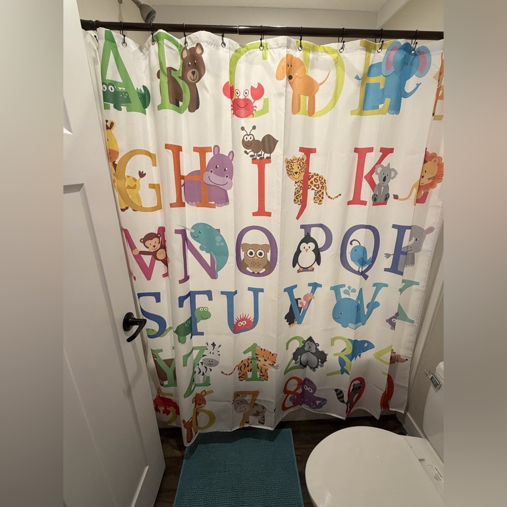 Colorful Alphabet Animal Shower Curtain, Clear Curtain & 3 Blue Bath Mats
